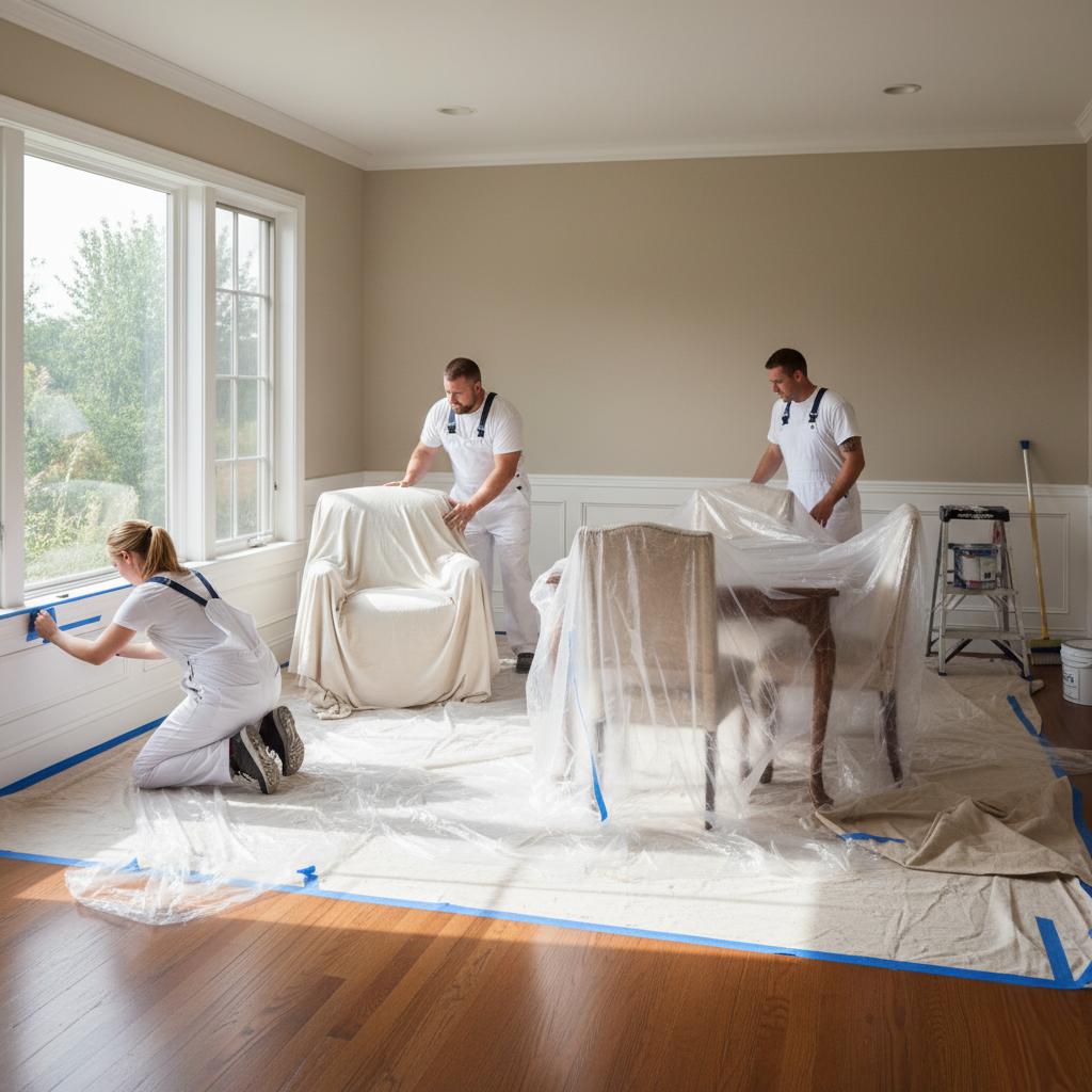 Pièce protégée par des bâches avant travaux de peinture